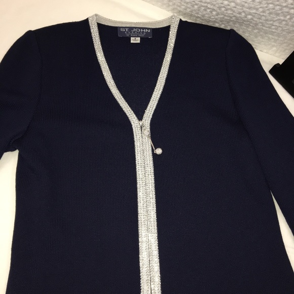 ST JOHN Jacket & Skirt Navy Blue Stud Embellish Zip Closure Top - Picture 6 of 7